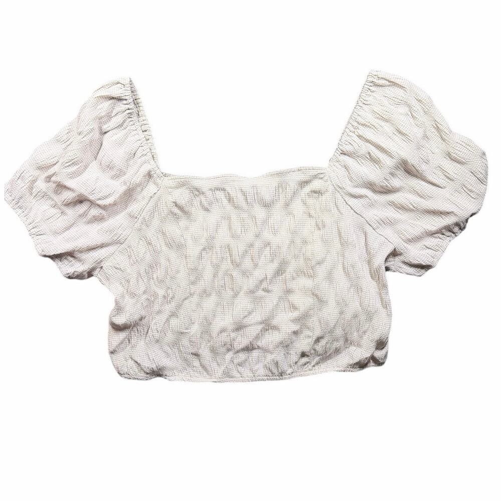 Tan white gingham smocked crop top puff sleeves coquette cottagecore plus sz 1X